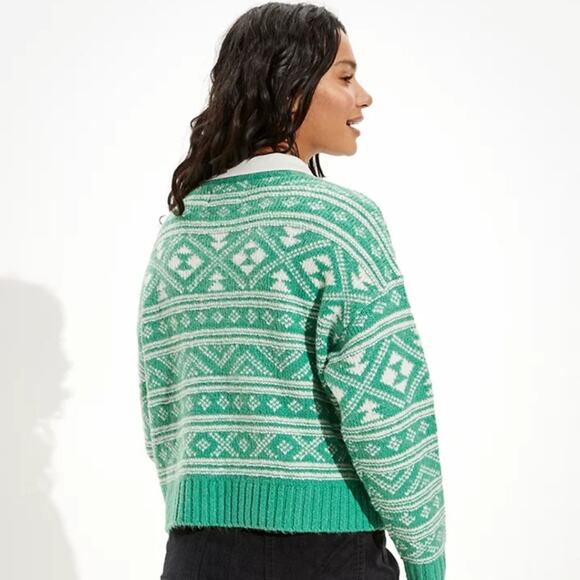 NWT American Eagle Green Fair Isle "Snow Drift" Sweater L Crew Neck - Picture 2 of 9